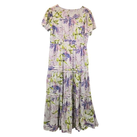 Biltmore Linen Floral V-Neck Midi Dress Romantic Lavender Cream Lined Large - Picture 2 of 10